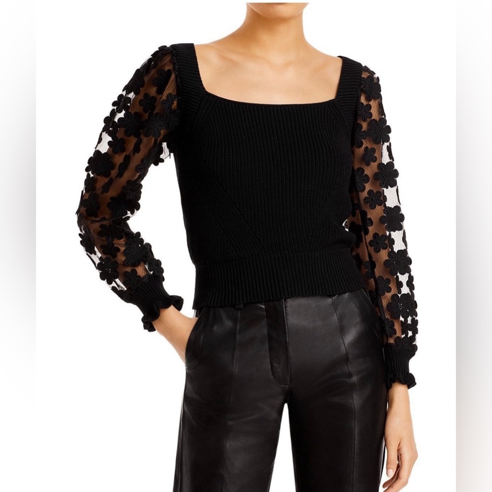 Black V-Neck Sweater with Floral Mesh Sleeves